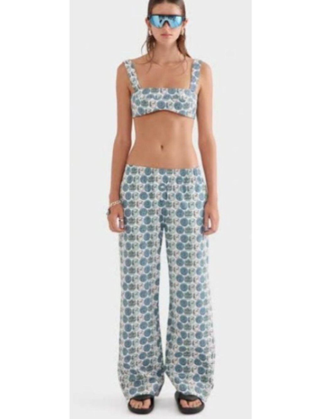 Venroy Grecian Coins Cotton Poplin 2-Piece Set Crop Top + Wide Leg Pants NWT